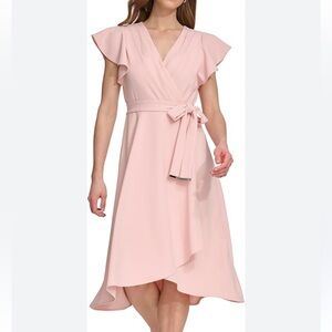 DKNY Flutter Sleeve Belted‎ Faux Wrap Midi Dress Blush Pink 12